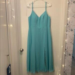 Azazie Blue Sleeveless Midi Dress for Weddings
